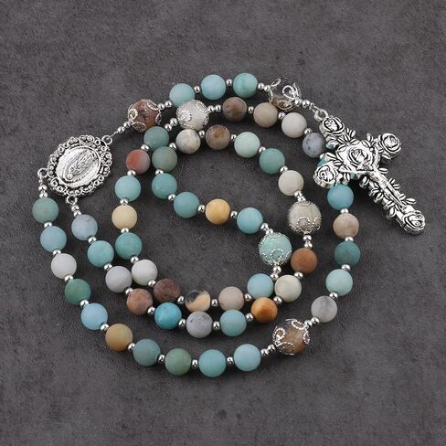 8mm Natural Stone Amazonite Beads Rosary with Caps Guadalupe Medal and Pardon Rose Crucifix in Saudi Arabia