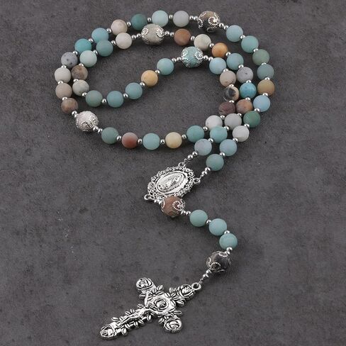 8mm Natural Stone Amazonite Beads Rosary with Caps Guadalupe Medal and Pardon Rose Crucifix in Saudi Arabia
