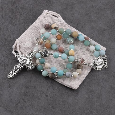 8mm Natural Stone Amazonite Beads Rosary with Caps Guadalupe Medal and Pardon Rose Crucifix in Saudi Arabia
