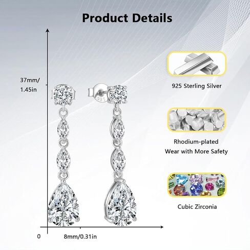 Teardrop Long Dangle Earrings for Women 925 Sterling Silver Cut Cubic Zirconia Birthstone Drop Earrings for Her on Birthday Valentine'S Day in Saudi Arabia