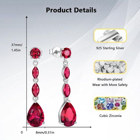 Teardrop Long Dangle Earrings for Women 925 Sterling Silver Cut Cubic Zirconia Birthstone Drop Earrings for Her on Birthday Valentine'S Day in Saudi Arabia