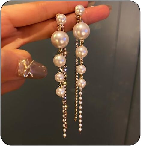 Pearl Earrings for Women Sparkle Rhinestone Pearl drop Earrings Pearl Tassel Earrings Dainty Freshwater Pearl Dangle Earring Pearl Earrings Bridal Wedding Birthday Christmas Jewelry in Kuwait