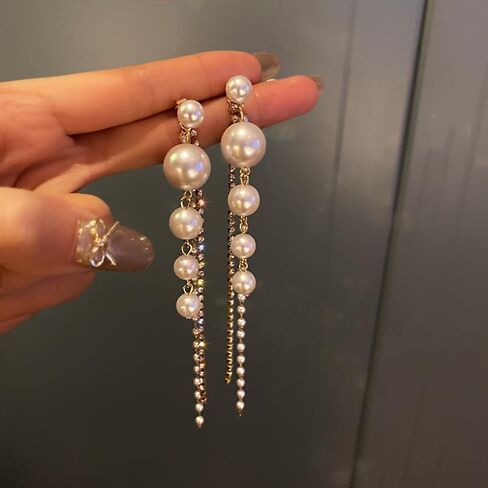 Pearl Earrings for Women Sparkle Rhinestone Pearl drop Earrings Pearl Tassel Earrings Dainty Freshwater Pearl Dangle Earring Pearl Earrings Bridal Wedding Birthday Christmas Jewelry in Kuwait