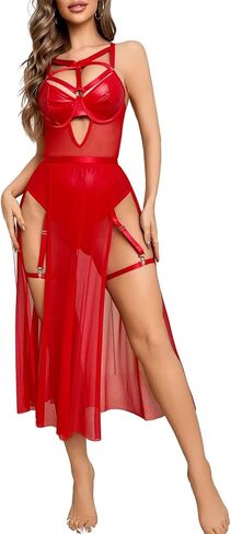 Milumia Women's One Piece Leather Teddy Bodysuit Sheer Lingerie Skirt in Saudi Arabia