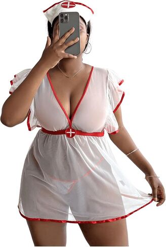 WDIRARA Women's Plus Size 3 Piece Nurse Roleplay Lingerie Set Mesh Sheer Naughty Cosplay Costume in Kuwait
