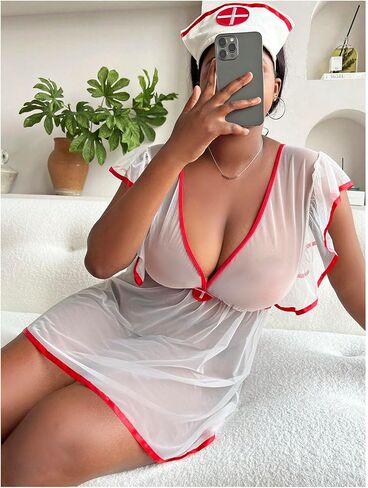 WDIRARA Women's Plus Size 3 Piece Nurse Roleplay Lingerie Set Mesh Sheer Naughty Cosplay Costume in Kuwait