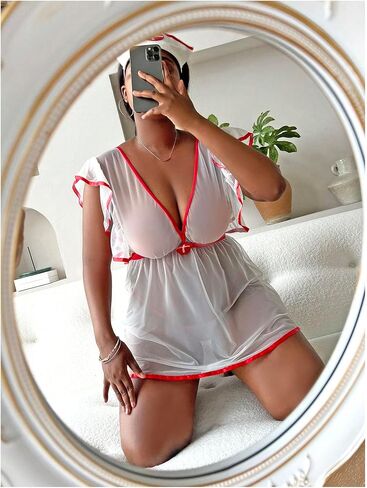 WDIRARA Women's Plus Size 3 Piece Nurse Roleplay Lingerie Set Mesh Sheer Naughty Cosplay Costume in Kuwait