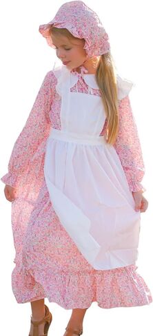 Girls Colonial Halloween Dress Floral Prairie Pioneer Long Sleeve Dresses with Hat Apron 1800s Pilgrim Dress in Saudi Arabia