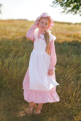 Girls Colonial Halloween Dress Floral Prairie Pioneer Long Sleeve Dresses with Hat Apron 1800s Pilgrim Dress in Saudi Arabia