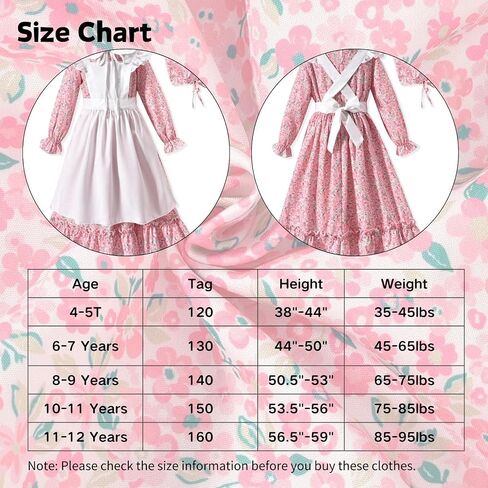 Girls Colonial Halloween Dress Floral Prairie Pioneer Long Sleeve Dresses with Hat Apron 1800s Pilgrim Dress in Saudi Arabia