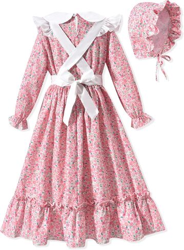 Girls Colonial Halloween Dress Floral Prairie Pioneer Long Sleeve Dresses with Hat Apron 1800s Pilgrim Dress in Saudi Arabia