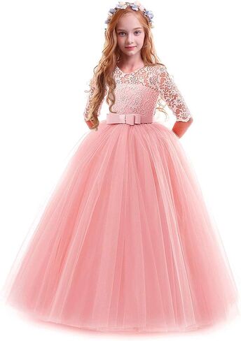 Girls Flower Vintage Lace 3/4 Sleeves Wedding Bridesmaid Tutu Dress Floor Length Party Evening Formal Dance Ball Gown in Kuwait