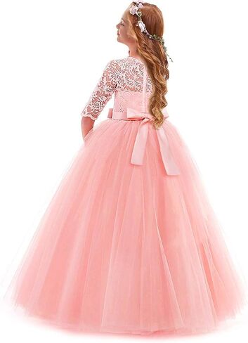 Girls Flower Vintage Lace 3/4 Sleeves Wedding Bridesmaid Tutu Dress Floor Length Party Evening Formal Dance Ball Gown in Kuwait