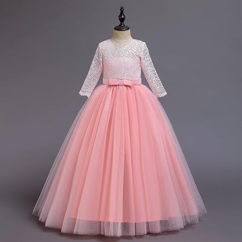 Girls Flower Vintage Lace 3/4 Sleeves Wedding Bridesmaid Tutu Dress Floor Length Party Evening Formal Dance Ball Gown in Kuwait