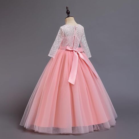 Girls Flower Vintage Lace 3/4 Sleeves Wedding Bridesmaid Tutu Dress Floor Length Party Evening Formal Dance Ball Gown in Kuwait