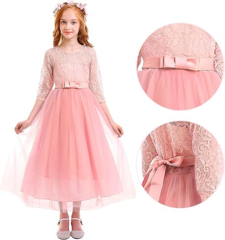 Girls Flower Vintage Lace 3/4 Sleeves Wedding Bridesmaid Tutu Dress Floor Length Party Evening Formal Dance Ball Gown in Kuwait