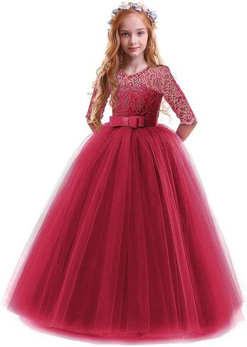 Girls Flower Vintage Lace 3/4 Sleeves Wedding Bridesmaid Tutu Dress Floor Length Party Evening Formal Dance Ball Gown in Kuwait