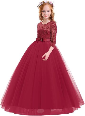 Girls Flower Vintage Lace 3/4 Sleeves Wedding Bridesmaid Tutu Dress Floor Length Party Evening Formal Dance Ball Gown in Kuwait
