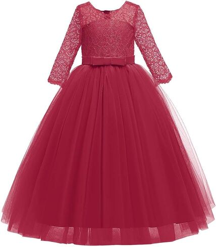 Girls Flower Vintage Lace 3/4 Sleeves Wedding Bridesmaid Tutu Dress Floor Length Party Evening Formal Dance Ball Gown in Kuwait