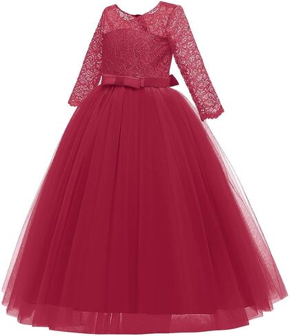 Girls Flower Vintage Lace 3/4 Sleeves Wedding Bridesmaid Tutu Dress Floor Length Party Evening Formal Dance Ball Gown in Kuwait