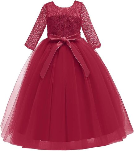 Girls Flower Vintage Lace 3/4 Sleeves Wedding Bridesmaid Tutu Dress Floor Length Party Evening Formal Dance Ball Gown in Kuwait