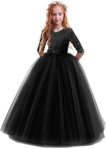 Girls Flower Vintage Lace 3/4 Sleeves Wedding Bridesmaid Tutu Dress Floor Length Party Evening Formal Dance Ball Gown in Kuwait