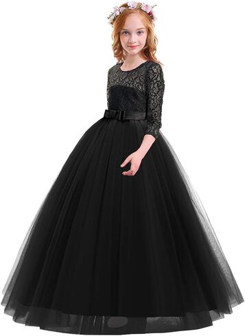 Girls Flower Vintage Lace 3/4 Sleeves Wedding Bridesmaid Tutu Dress Floor Length Party Evening Formal Dance Ball Gown in Kuwait