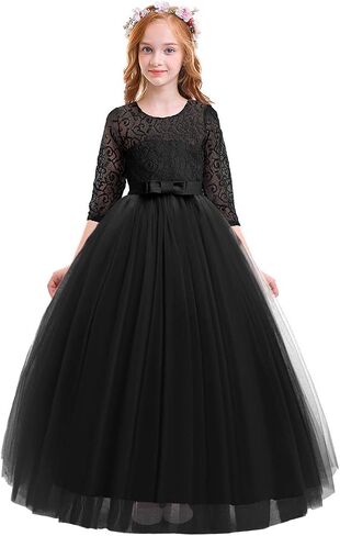 Girls Flower Vintage Lace 3/4 Sleeves Wedding Bridesmaid Tutu Dress Floor Length Party Evening Formal Dance Ball Gown in Kuwait