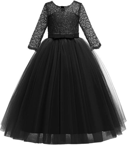 Girls Flower Vintage Lace 3/4 Sleeves Wedding Bridesmaid Tutu Dress Floor Length Party Evening Formal Dance Ball Gown in Kuwait