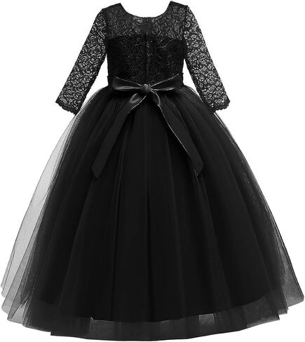 Girls Flower Vintage Lace 3/4 Sleeves Wedding Bridesmaid Tutu Dress Floor Length Party Evening Formal Dance Ball Gown in Kuwait