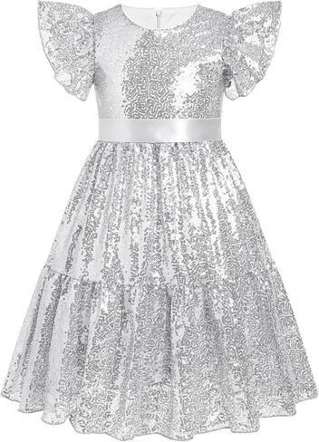 OBEEII Girls Sequin Dress Ruffle Sleeve Sparkly A-line Party Dress with Belt Princess Pageant Prom Birthday Formal Dress in Saudi Arabia