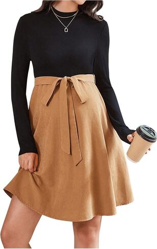MakeMeChic Women's Maternity Dress Mock Neck Colorblock Long Sleeve Belted Pregnancy Mini Dresses in Saudi Arabia