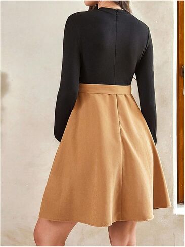 MakeMeChic Women's Maternity Dress Mock Neck Colorblock Long Sleeve Belted Pregnancy Mini Dresses in Saudi Arabia