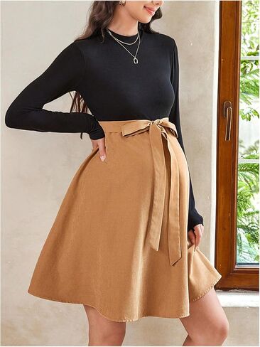 MakeMeChic Women's Maternity Dress Mock Neck Colorblock Long Sleeve Belted Pregnancy Mini Dresses in Saudi Arabia