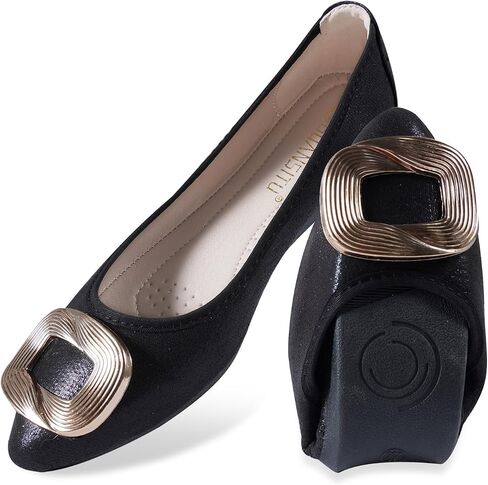 Women's Flats, Foldable Ballet Flats for Women, Fashion Buckle Pionted Toe Comfort Light Weight Slip-On Dress Shoes in Kuwait