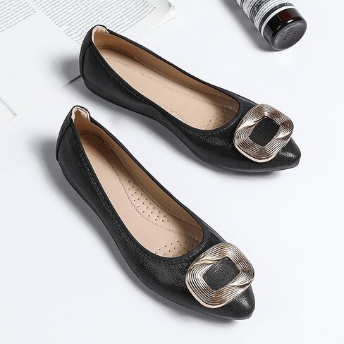 Women's Flats, Foldable Ballet Flats for Women, Fashion Buckle Pionted Toe Comfort Light Weight Slip-On Dress Shoes in Kuwait