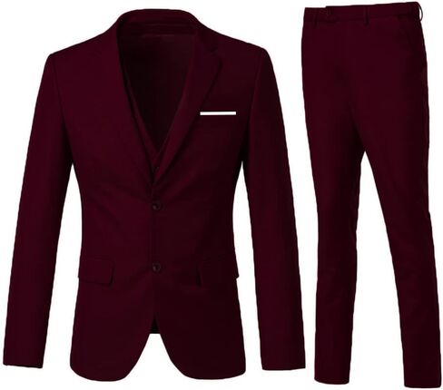Men's 3 Piece Slim Fit Suit Set, Two Button Blazer Solid Jacket Vest Pants Wedding Business Suit in Kuwait