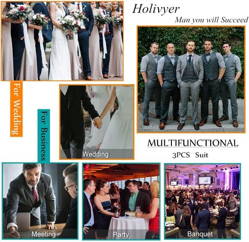 Men's 3 Piece Slim Fit Suit Set, Two Button Blazer Solid Jacket Vest Pants Wedding Business Suit in Kuwait