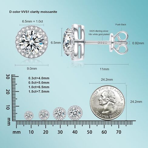 Moissanite Earrings Studs for Women, Round Cut D Color VVS1 Clarity Lab Created Diamond Studs Earrings for Men S925 Sterling Silver Plated with 18k White Gold Jewelry in Kuwait