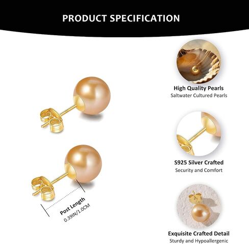 Round Akoya Pearl Stud Earrings in Cultured Blue/Golden/Grey Pearls with 925 Sterling Silver, Hypoallergenic - Luxurious Jewelry Gift for Women on Anniversary, Birthday, Mother's Day in Kuwait
