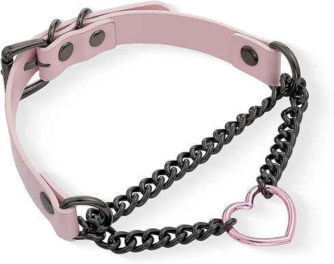 Black/Pink Leather Choker Necklace For Women,Handmade Adjustable Chain Collar with Metallic Heart Ring in Saudi Arabia