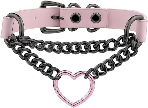 Black/Pink Leather Choker Necklace For Women,Handmade Adjustable Chain Collar with Metallic Heart Ring in Saudi Arabia