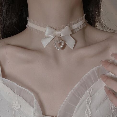 Vintage White Lace Choker Necklace Pearl Heart Pendant Necklace Gothic Lace Bow Collar Necklace Lolita Bowknot Lace Necklace Jewelry for Women in Kuwait