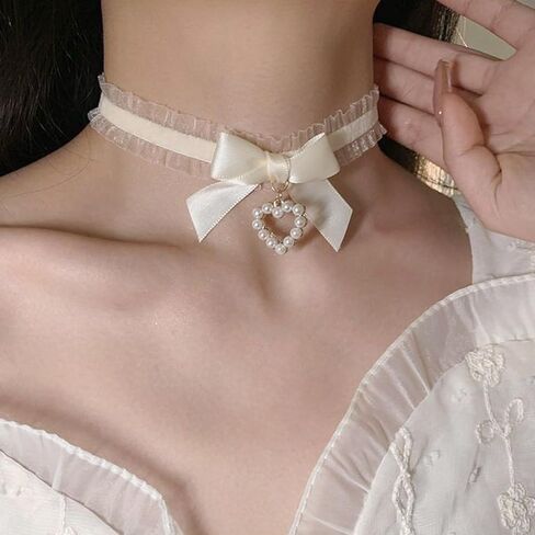 Vintage White Lace Choker Necklace Pearl Heart Pendant Necklace Gothic Lace Bow Collar Necklace Lolita Bowknot Lace Necklace Jewelry for Women in Kuwait