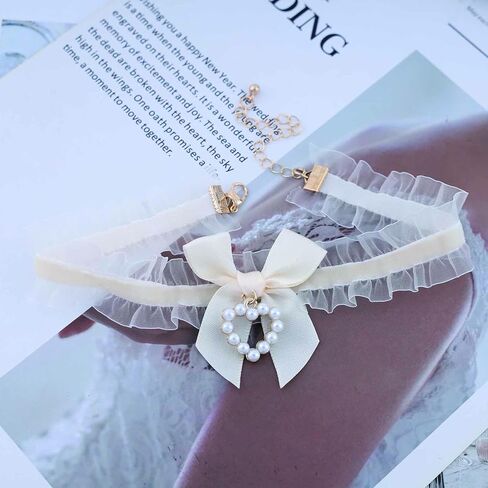 Vintage White Lace Choker Necklace Pearl Heart Pendant Necklace Gothic Lace Bow Collar Necklace Lolita Bowknot Lace Necklace Jewelry for Women in Kuwait