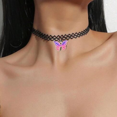 Black Butterfly Choker Necklaces for Women Blue Purple Pink Yellow Butterfly Pendant Necklaces 90s Accessories Gothic Personalized Trendy Necklace Jewelry in Saudi Arabia