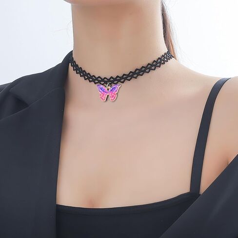 Black Butterfly Choker Necklaces for Women Blue Purple Pink Yellow Butterfly Pendant Necklaces 90s Accessories Gothic Personalized Trendy Necklace Jewelry in Saudi Arabia