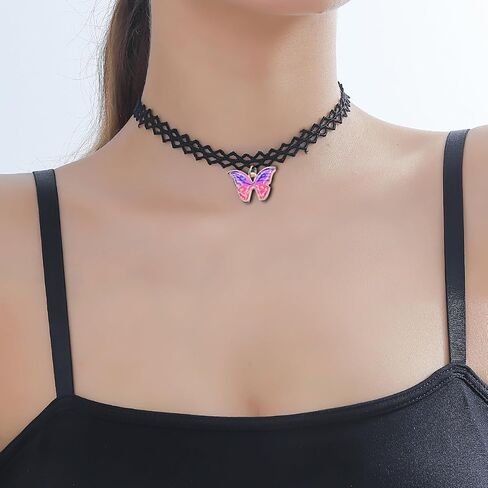 Black Butterfly Choker Necklaces for Women Blue Purple Pink Yellow Butterfly Pendant Necklaces 90s Accessories Gothic Personalized Trendy Necklace Jewelry in Saudi Arabia
