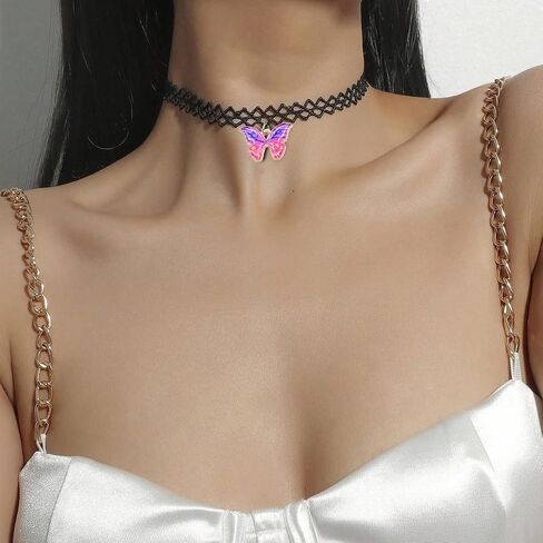 Black Butterfly Choker Necklaces for Women Blue Purple Pink Yellow Butterfly Pendant Necklaces 90s Accessories Gothic Personalized Trendy Necklace Jewelry in Saudi Arabia
