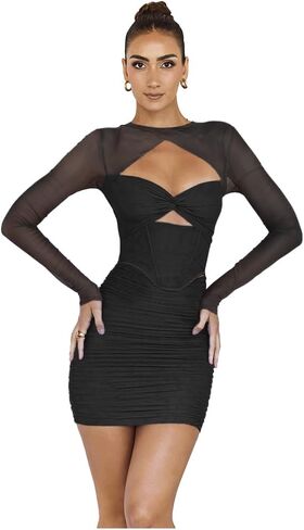 XLLAIS Sexy One Piece Mesh Sheer Long Sleeves Halter Spaghetti Bustier Bodycon Mini Dress in Saudi Arabia
